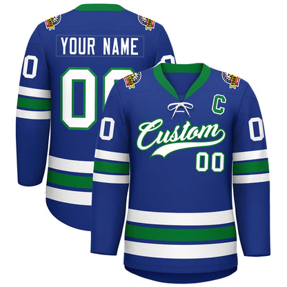 Custom Royal White-Kelly Green Lace-Up Neck Hockey Jersey
