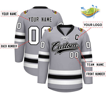 Custom Gray Black-White Lace-Up Neck Hockey Jersey