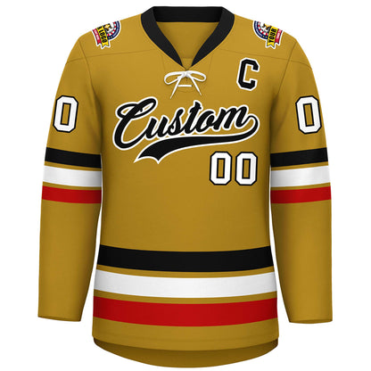Custom Old Gold Black-White Lace-Up Neck Hockey Jersey