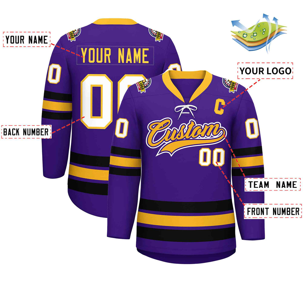 Custom Purple Yellow-Black Lace-Up Neck Hockey Jersey