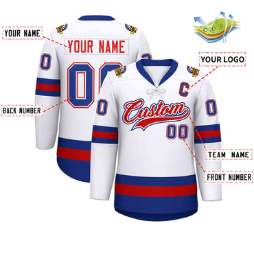 Custom White Red-Royal Lace-Up Neck Hockey Jersey