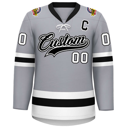Custom Gray Black-White Lace-Up Neck Hockey Jersey