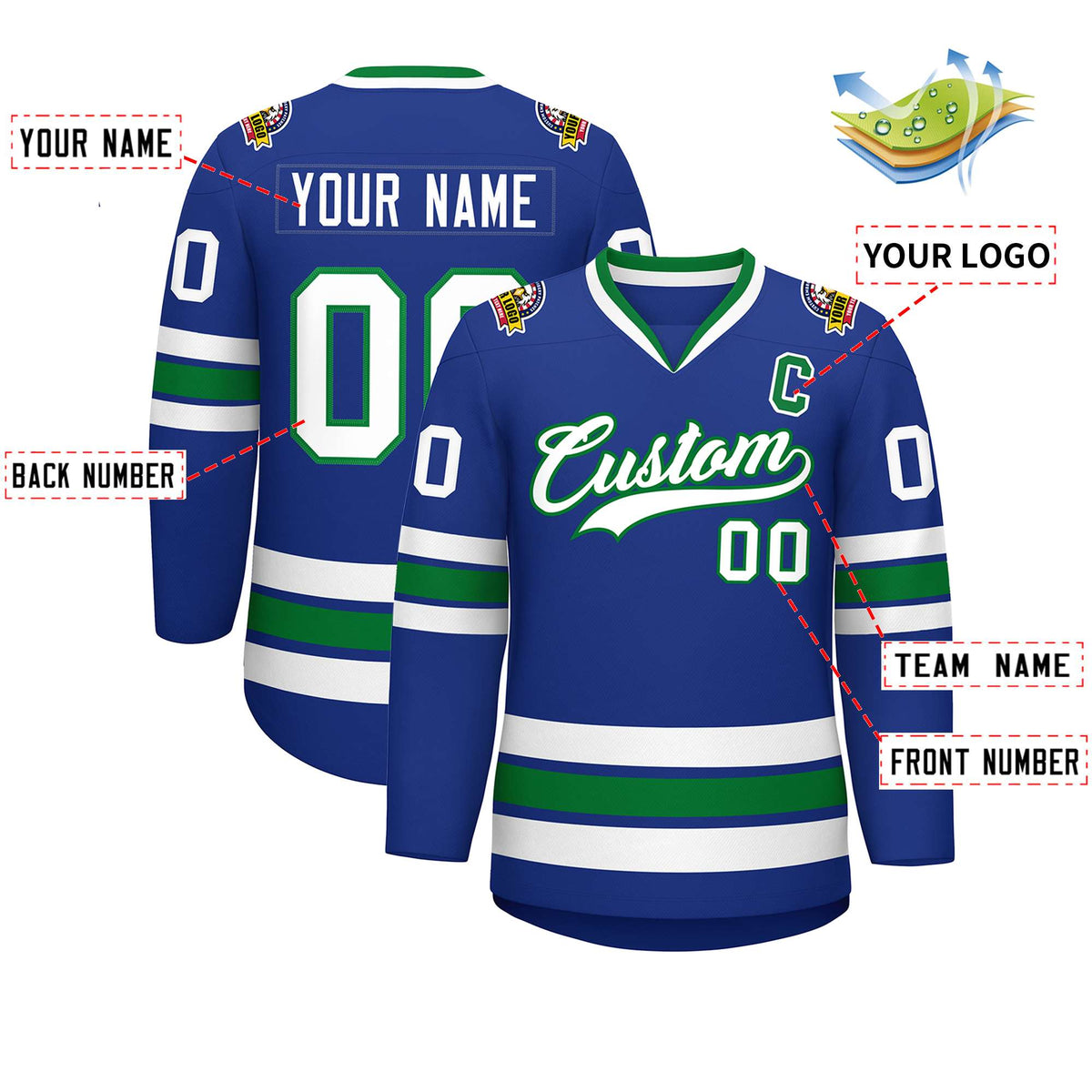 Custom Royal White-Kelly Green Classic Style Hockey Jersey