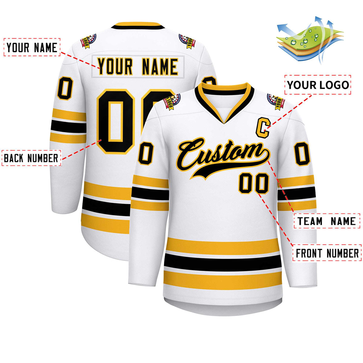 Custom White Black-Gold Classic Style Hockey Jersey