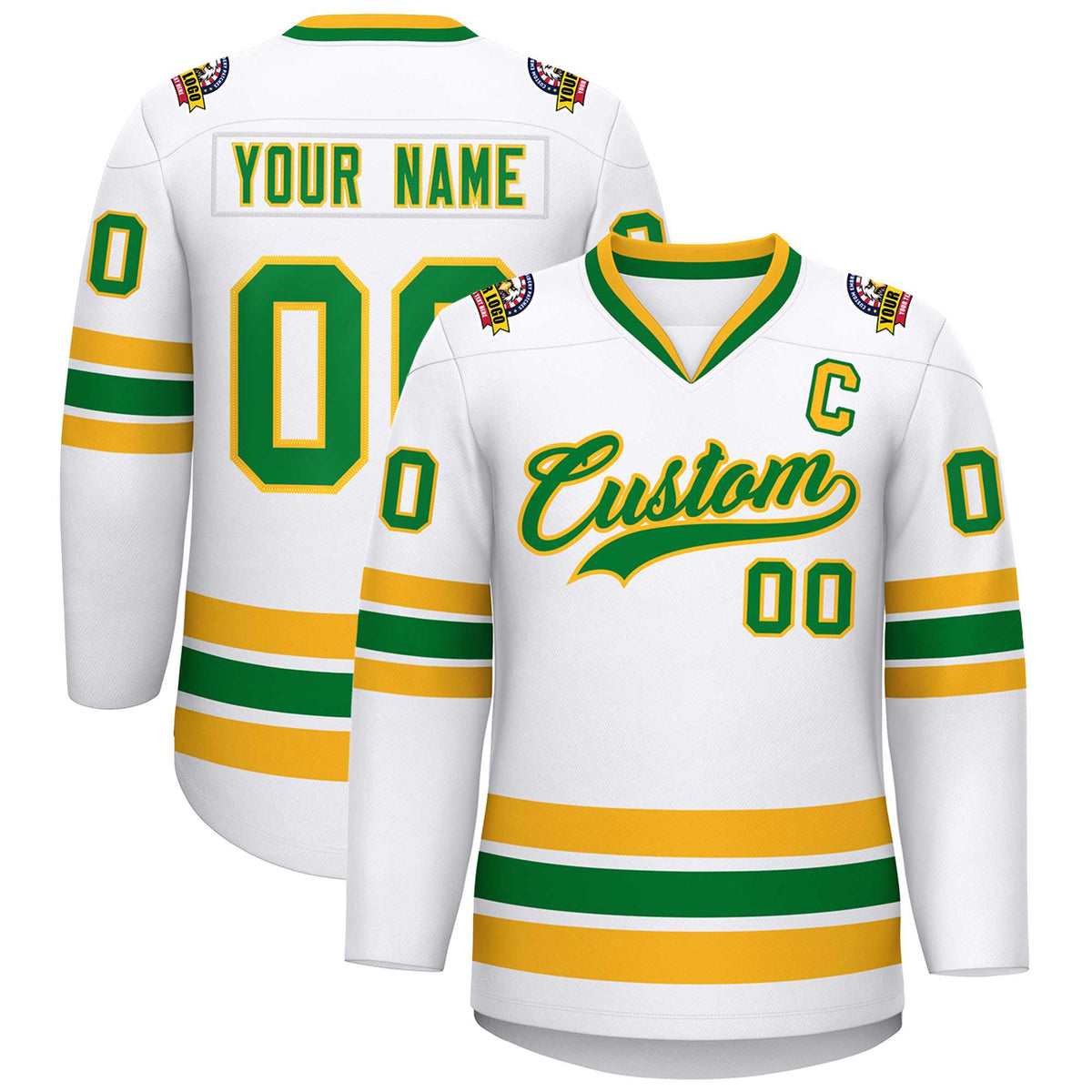 Custom White Kelly Green-Gold Classic Style Hockey Jersey