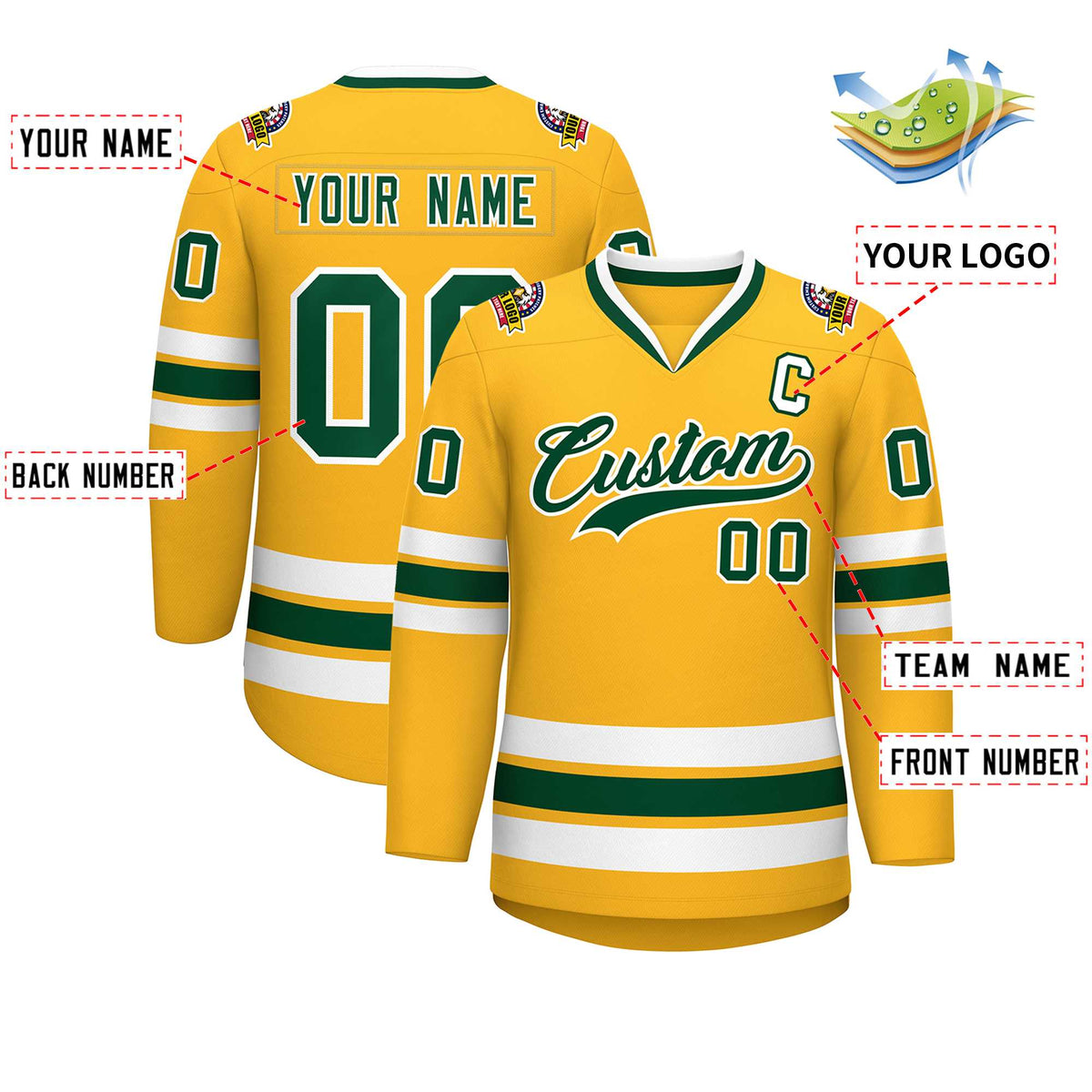 Custom Gold Green-White Classic Style Hockey Jersey