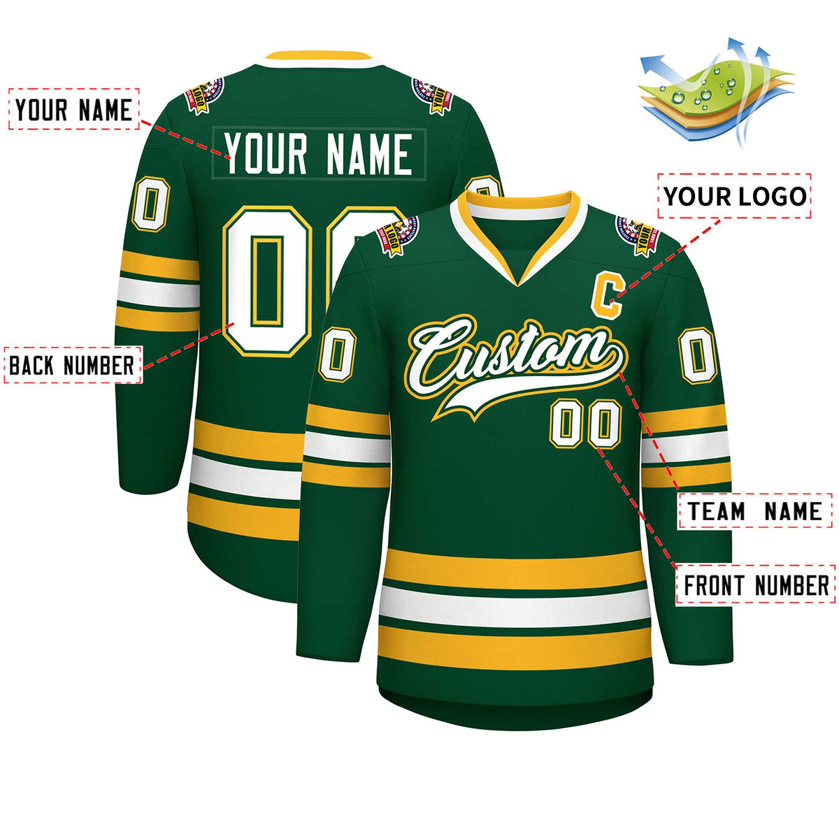 Custom Green White Green-Gold Classic Style Hockey Jersey