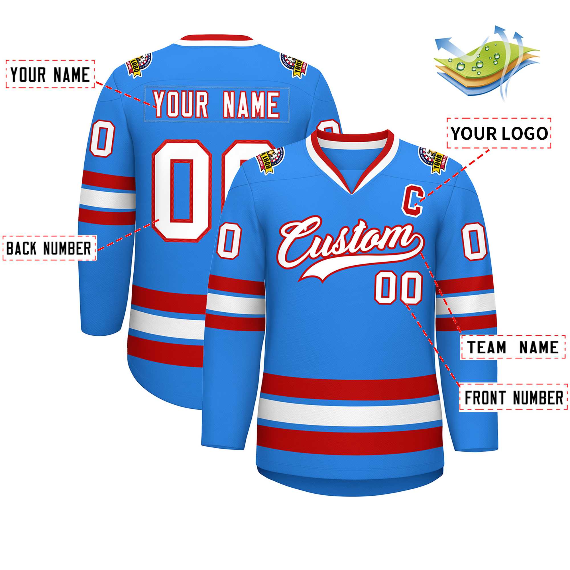 Custom Powder Blue White-Red Classic Style Hockey Jersey