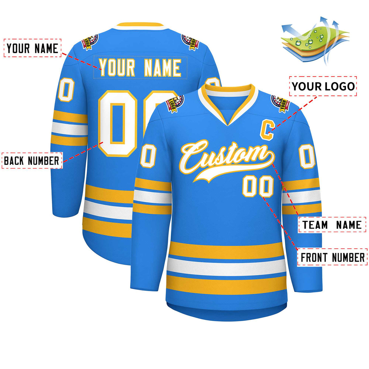 Custom Powder Blue White-Gold Classic Style Hockey Jersey