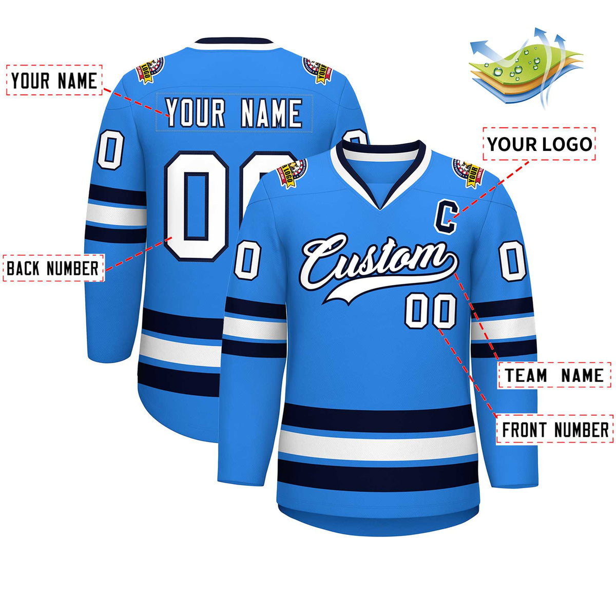 Custom Powder Blue White-Navy Classic Style Hockey Jersey