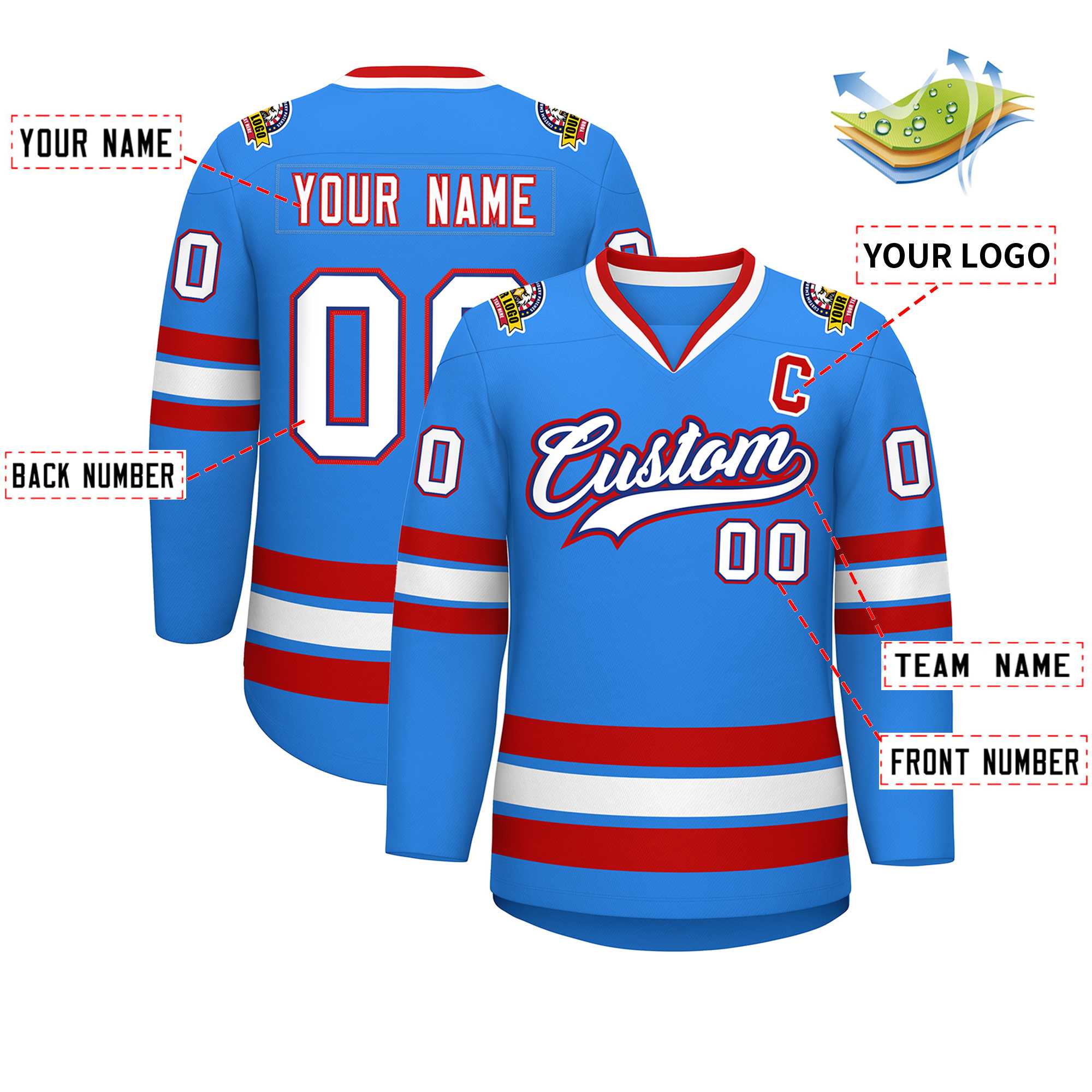 Custom Powder Blue White Royal-Red Classic Style Hockey Jersey