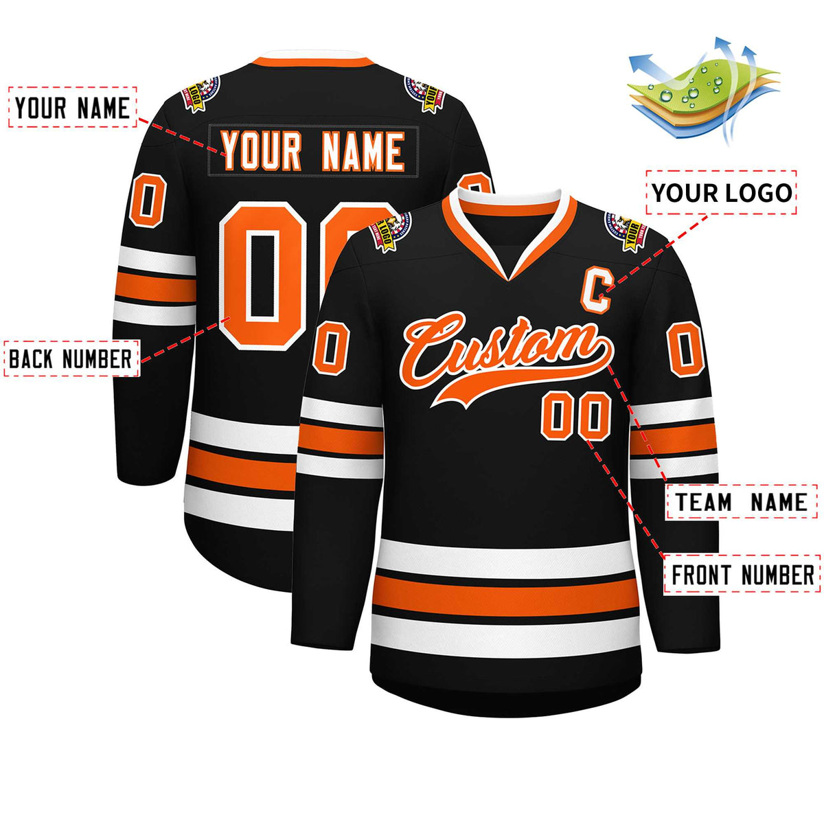 Custom Black Orange-White Classic Style Hockey Jersey