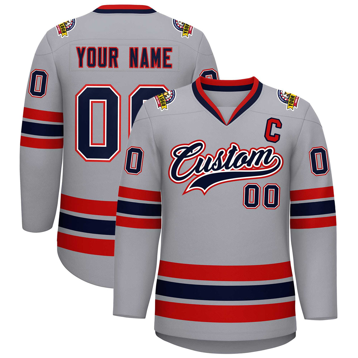 Custom Gray Navy White-Red Classic Style Hockey Jersey