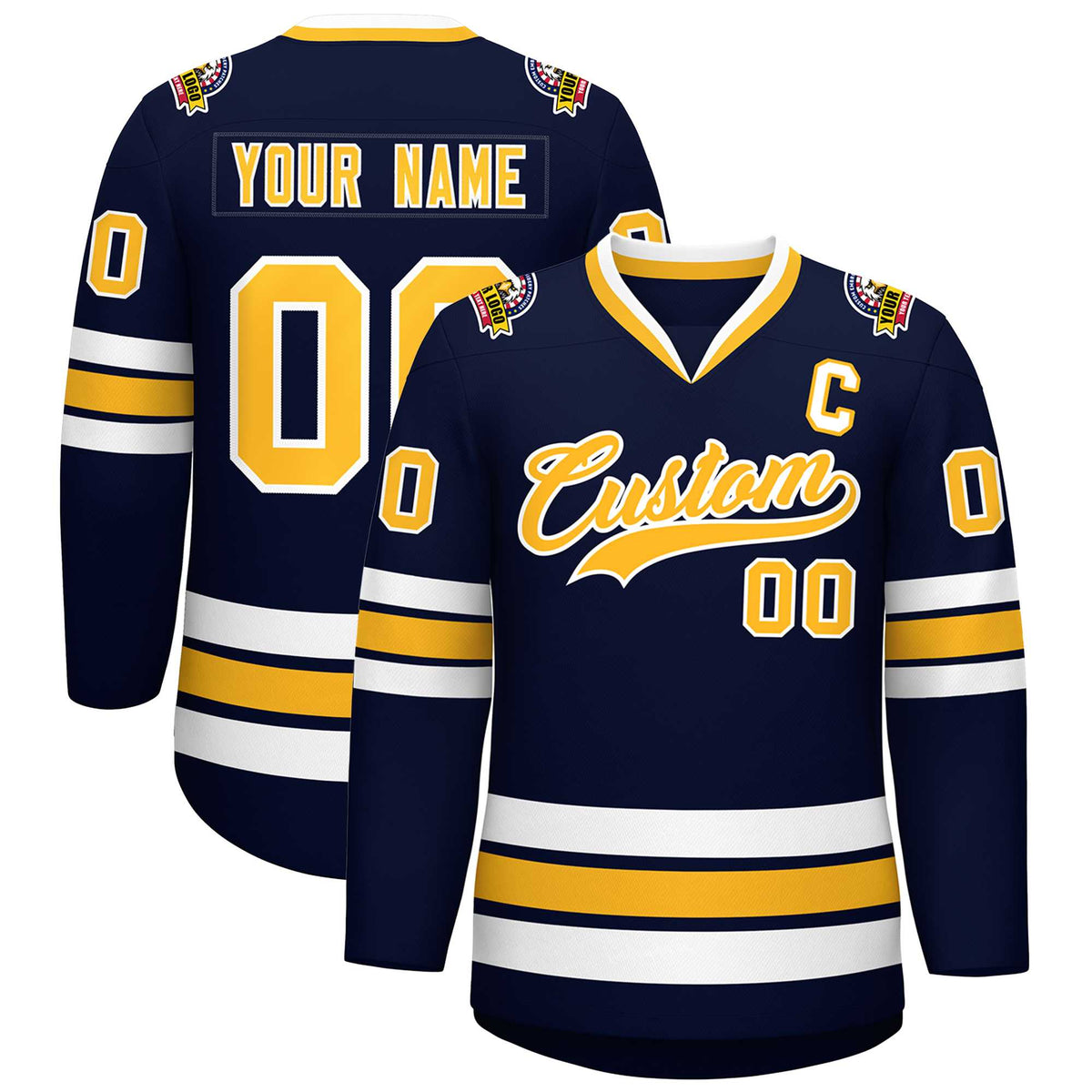 Custom Navy Gold-White Classic Style Hockey Jersey