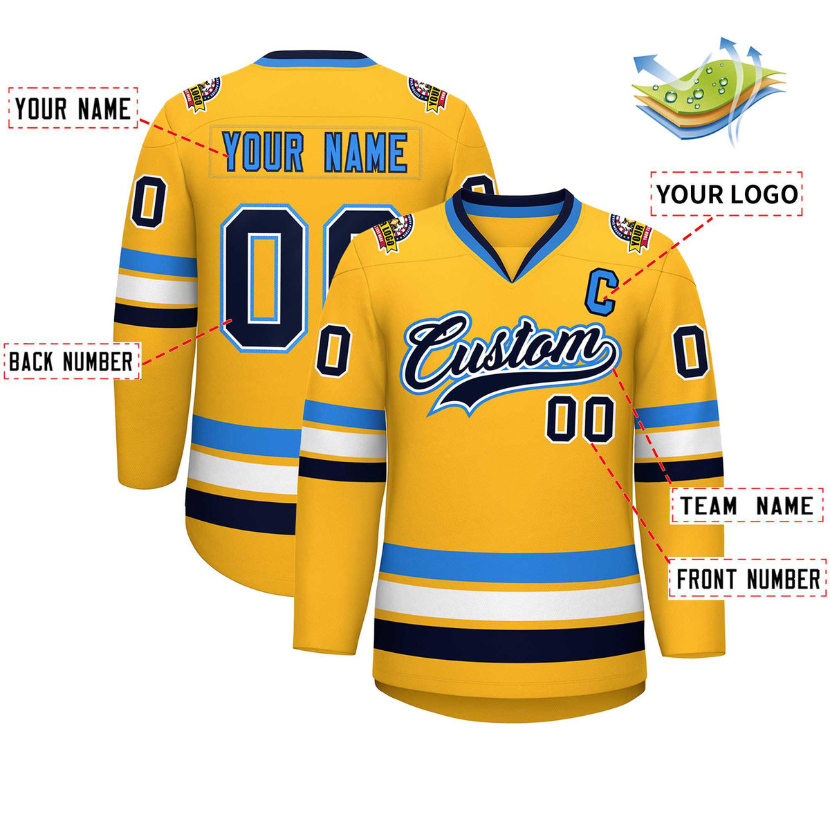 Custom Gold Navy White-Powder Blue Classic Style Hockey Jersey