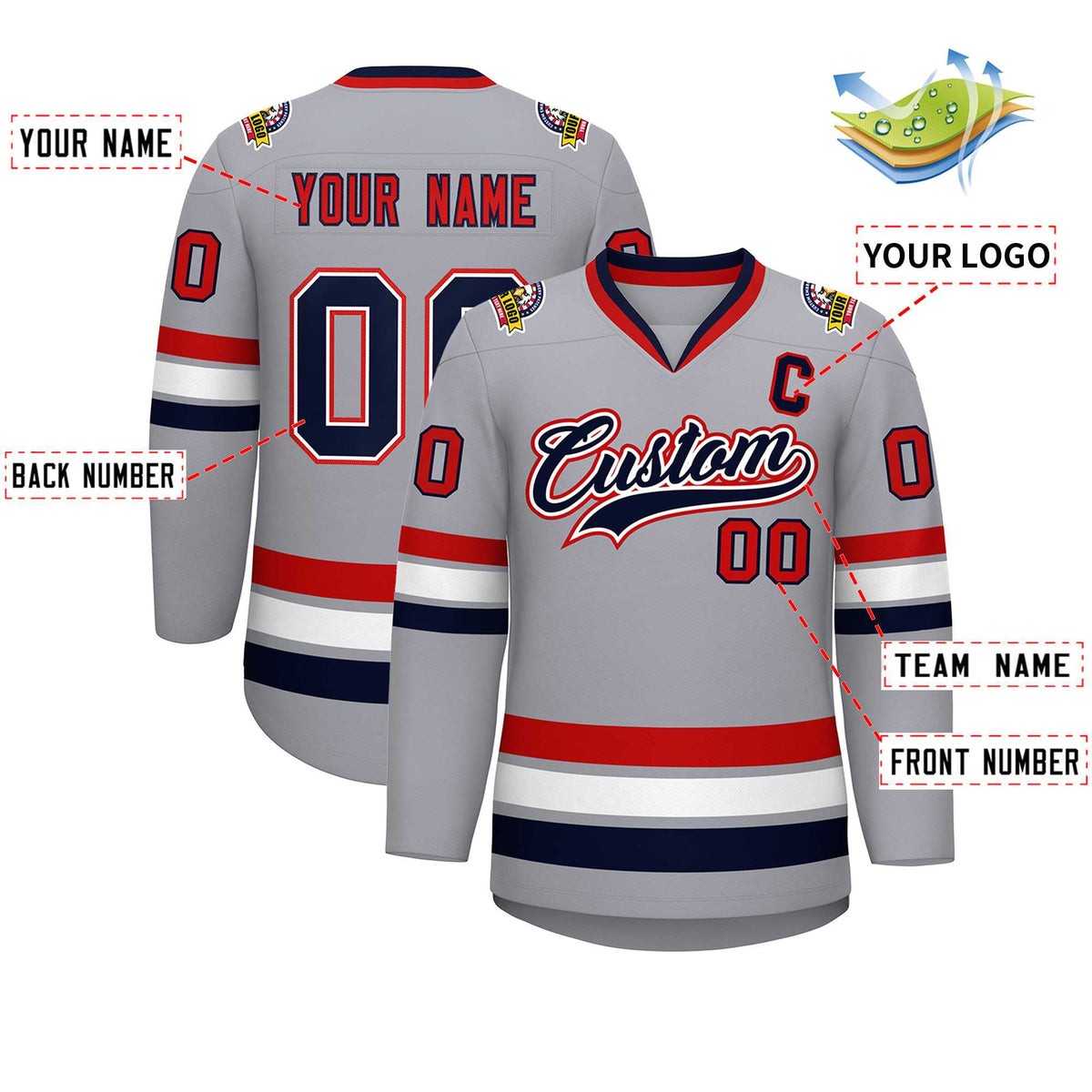 Custom Gray Navy White-Red Classic Style Hockey Jersey