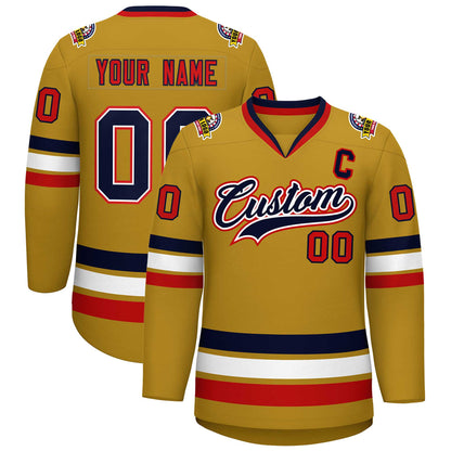 Custom Old Gold Navy White-Red Classic Style Hockey Jersey