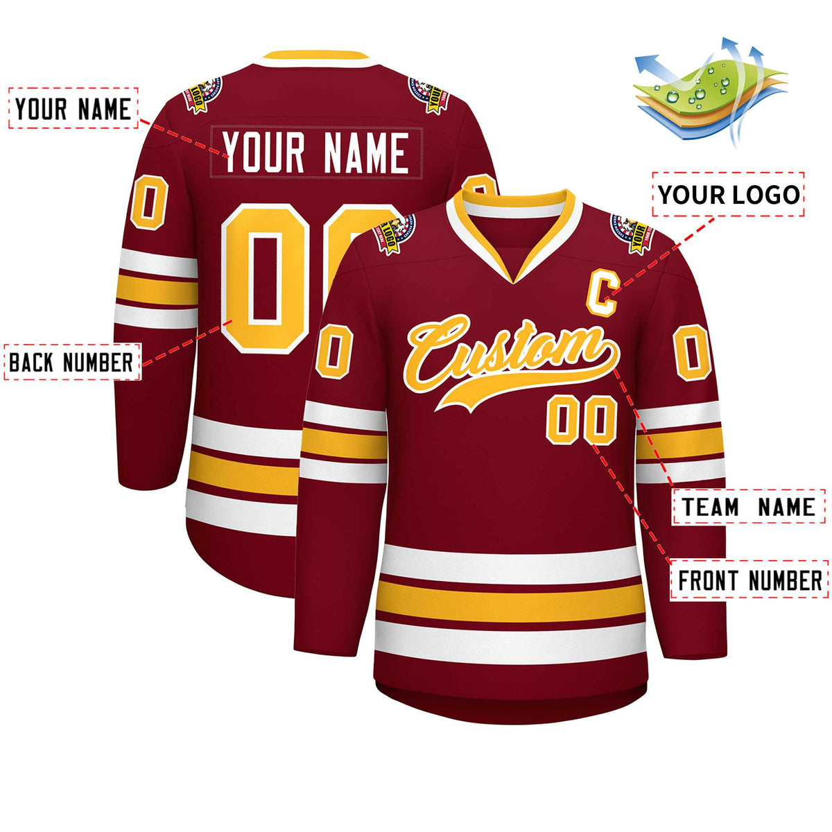 Custom Crimson Gold-White Classic Style Hockey Jersey