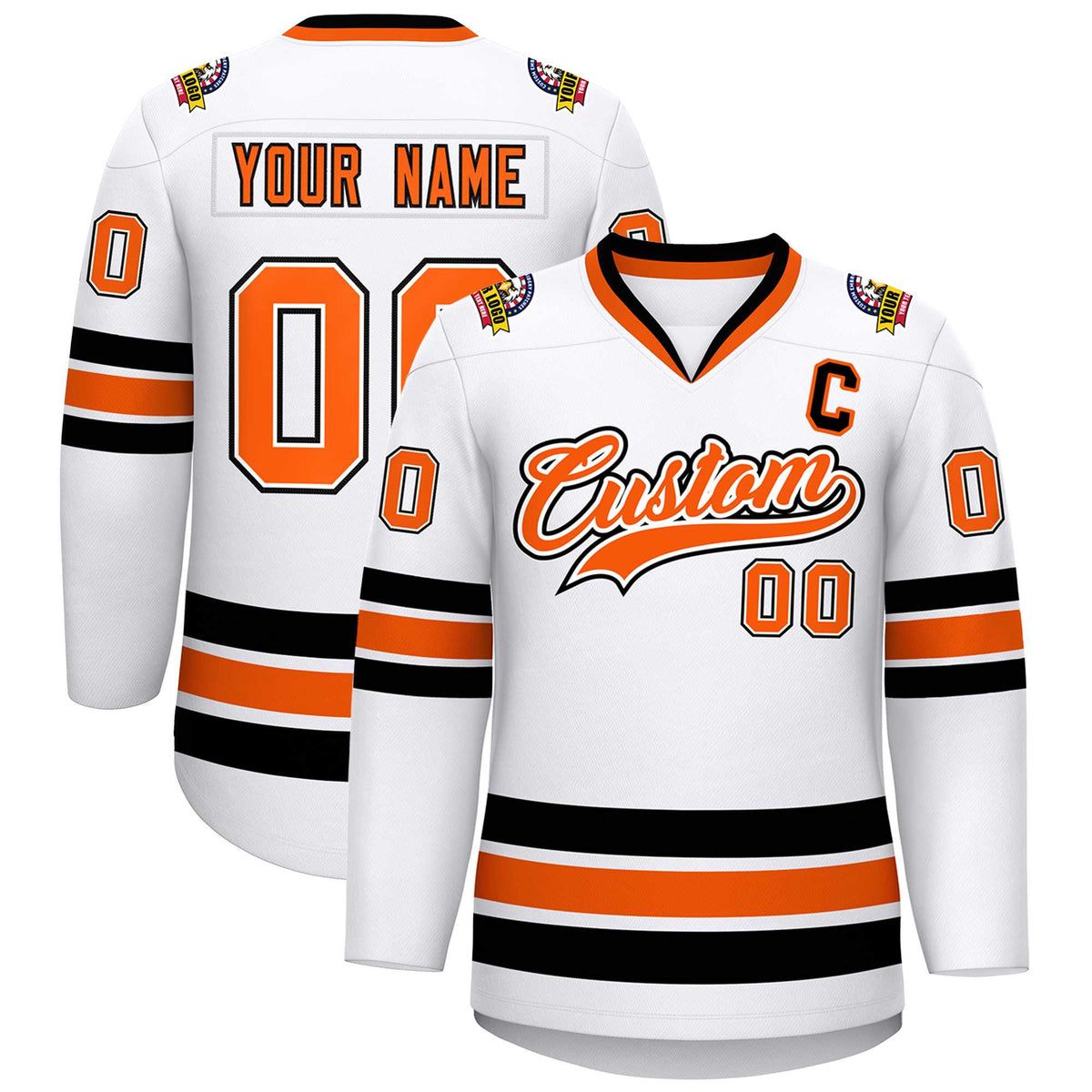 Custom White Orange White-Black Classic Style Hockey Jersey