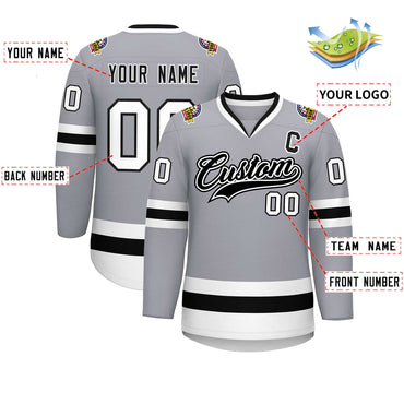 Custom Gray Black White-Black Classic Style Hockey Jersey
