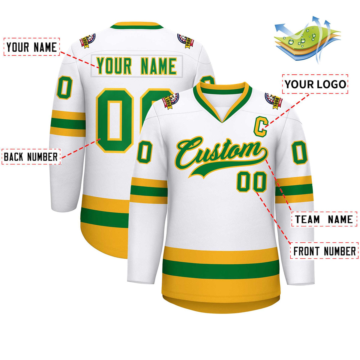 Custom White Kelly Green-Gold Classic Style Hockey Jersey