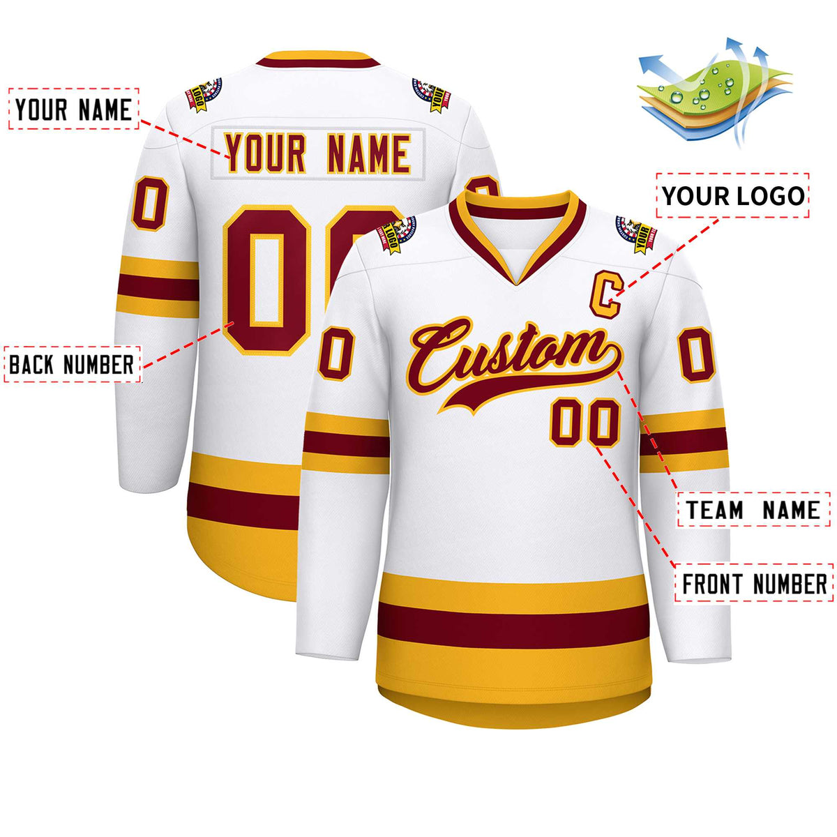 Custom White Crimson-Gold Classic Style Hockey Jersey