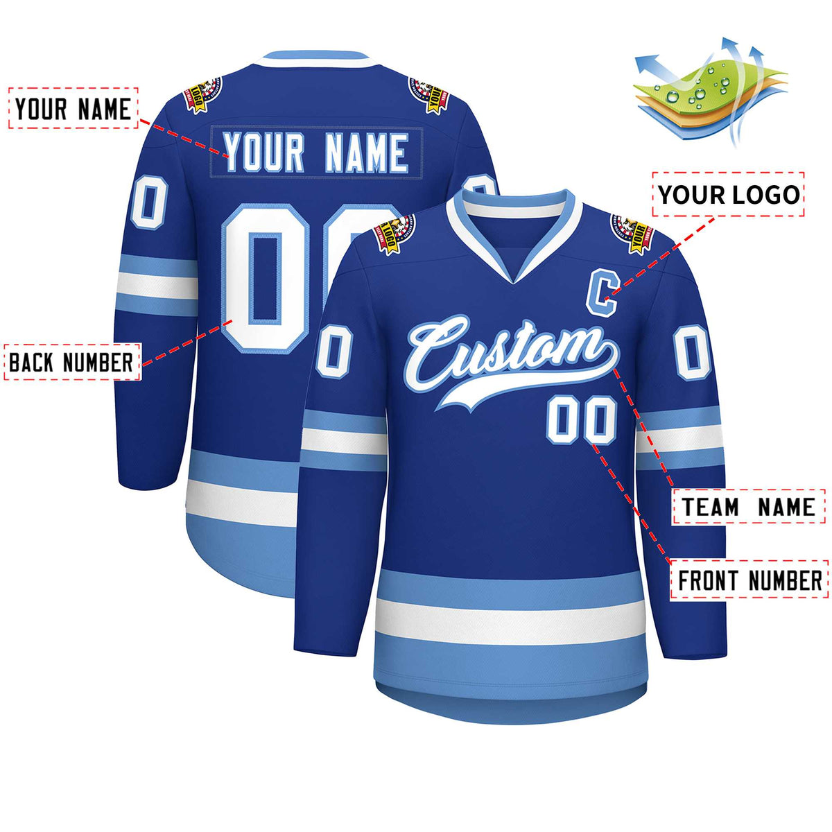 Custom Royal White-Light Blue Classic Style Hockey Jersey