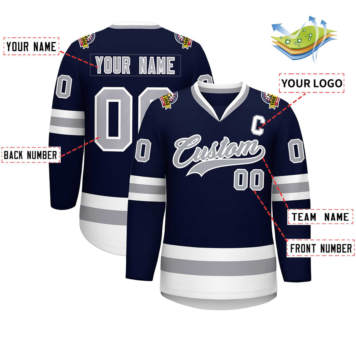Custom Navy Gray-White Classic Style Hockey Jersey