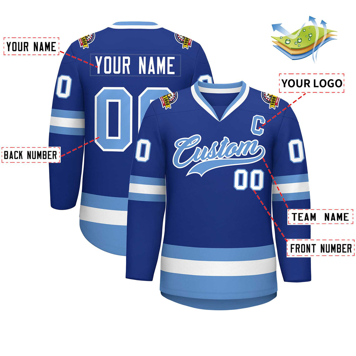 Custom Royal Light Blue-White Classic Style Hockey Jersey