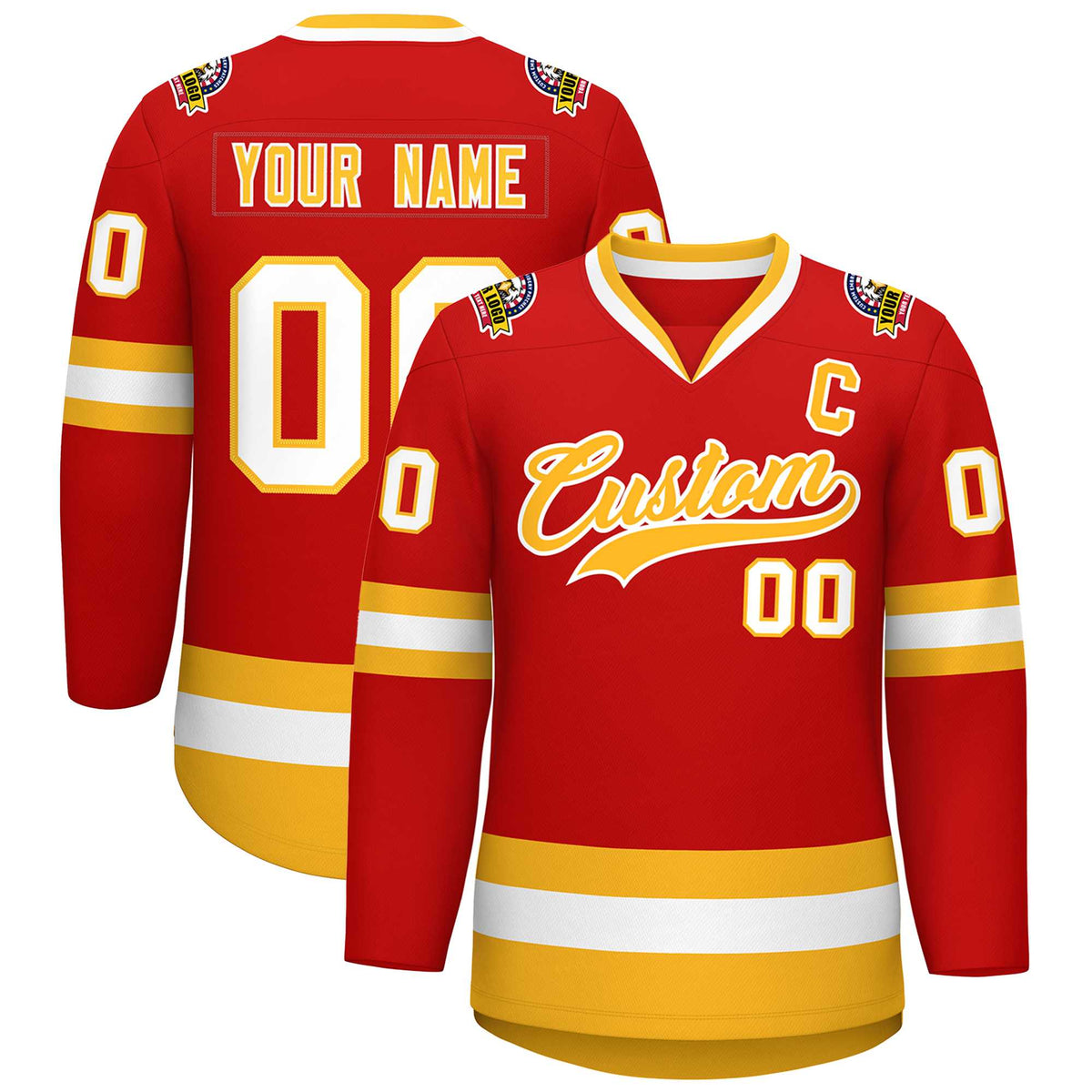 Custom Red Gold-White Classic Style Hockey Jersey