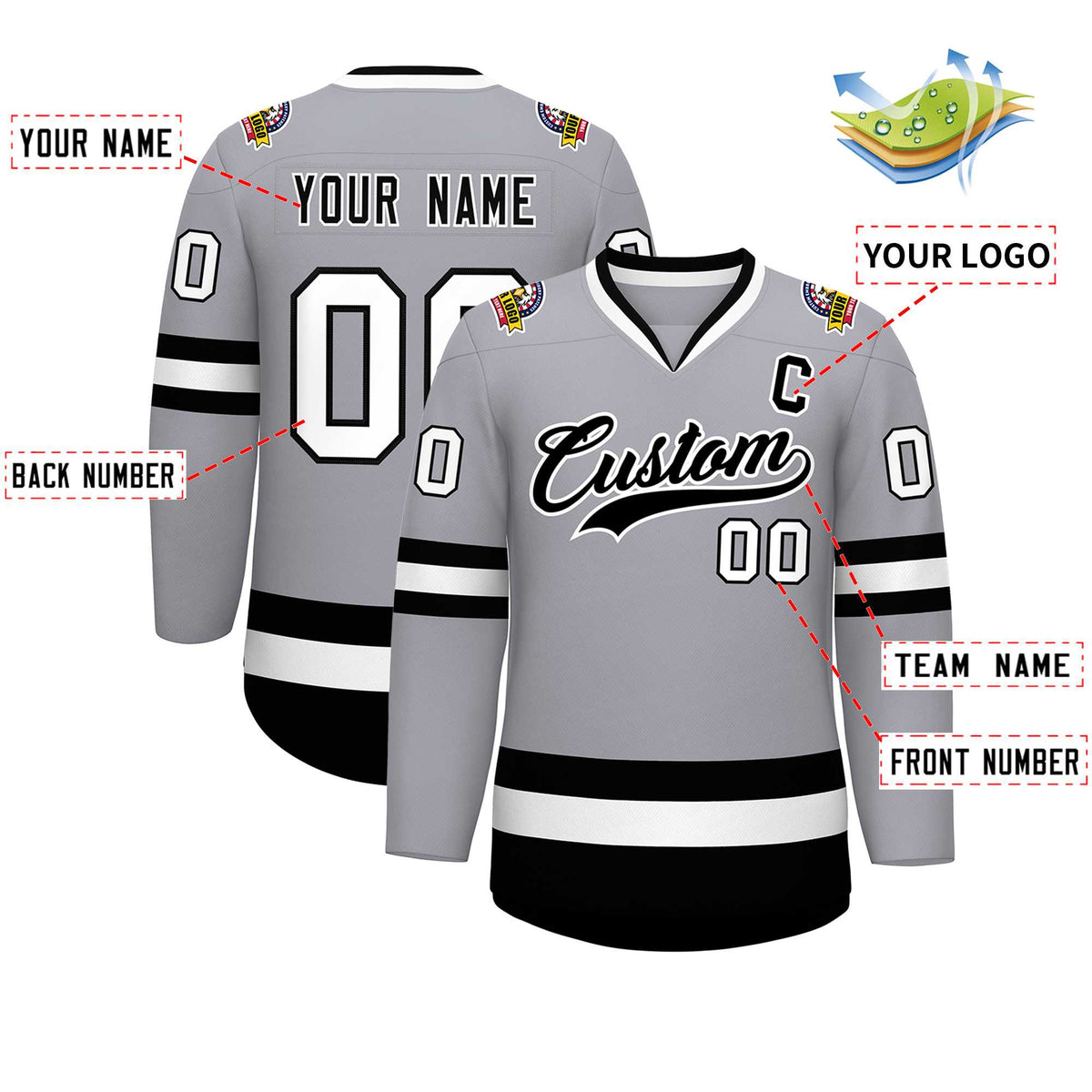 Custom Gray Black-White Classic Style Hockey Jersey