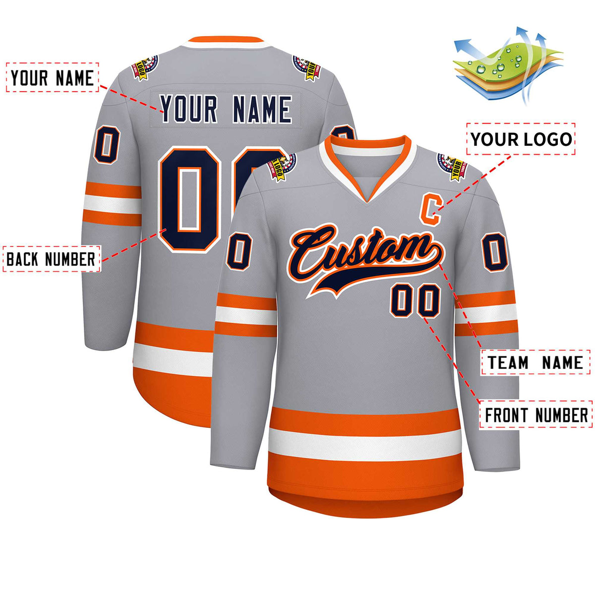Custom Gray Navy Orange-White Classic Style Hockey Jersey