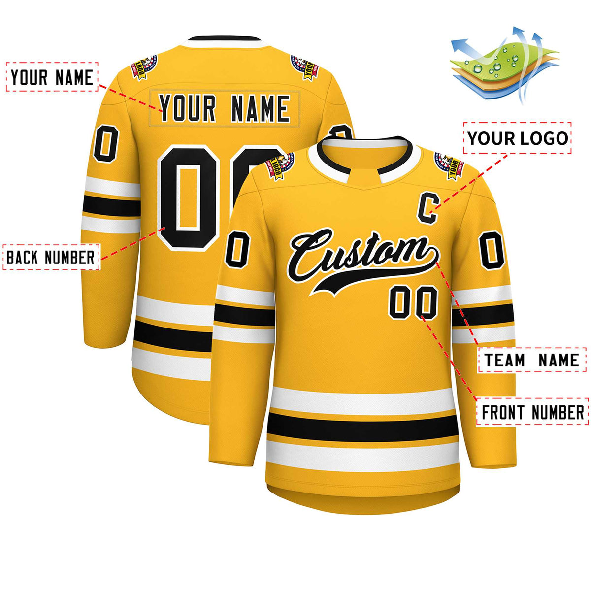 Custom Gold Black-White Classic Style Hockey Jersey