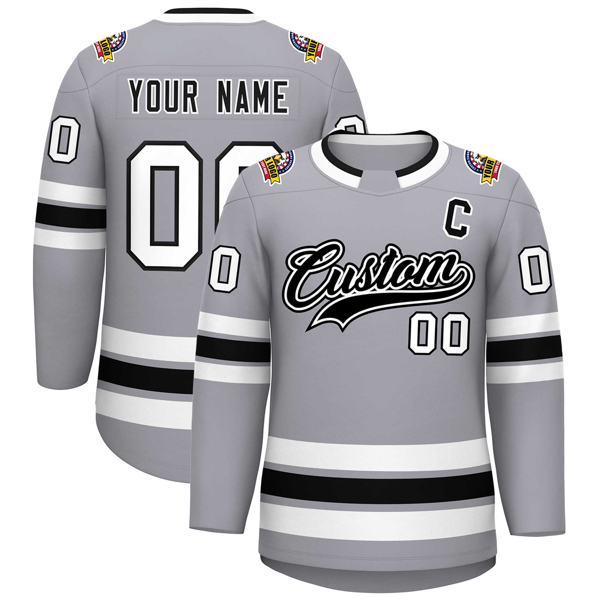 Custom Gray Black White-Black Classic Style Hockey Jersey