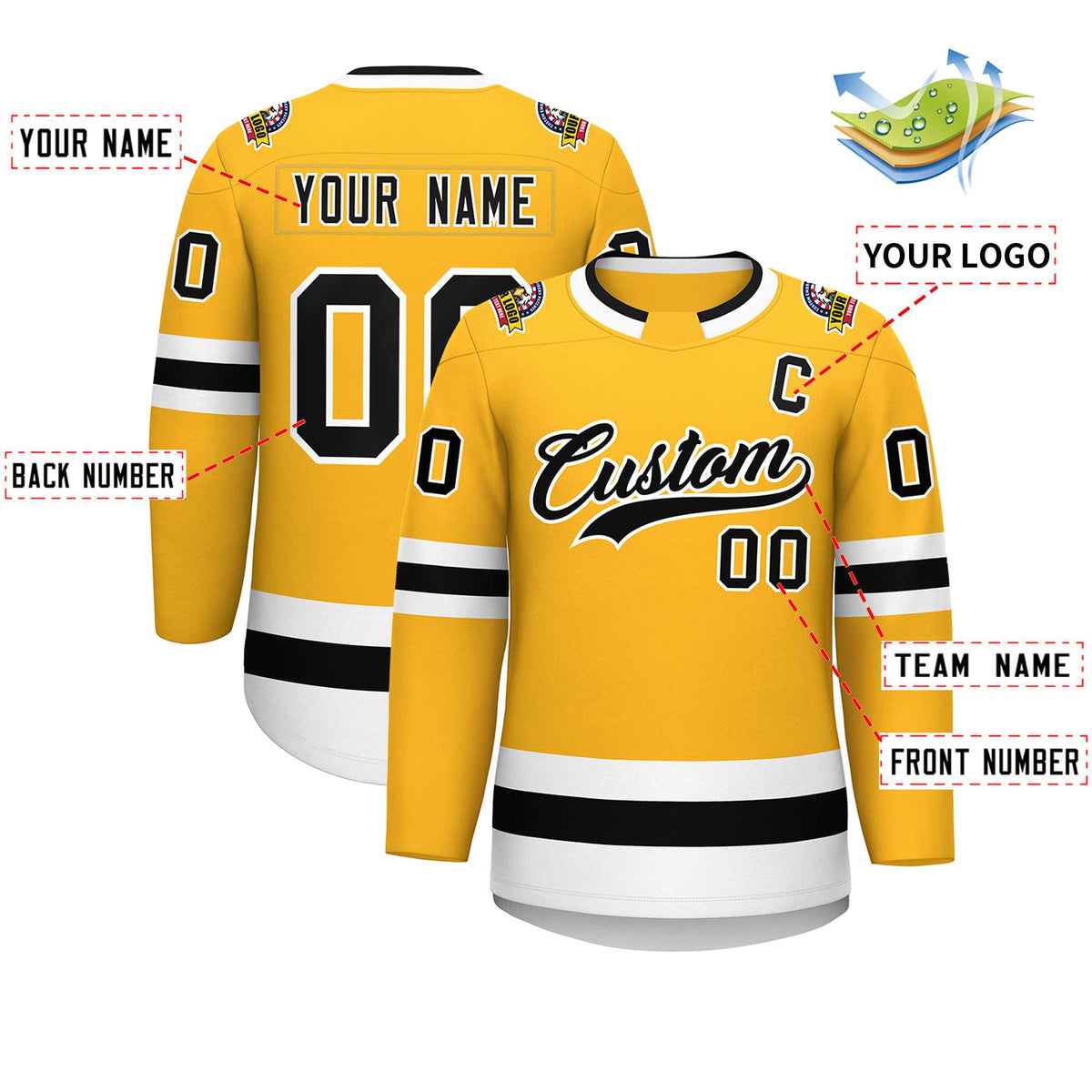 Custom Gold Black-White Classic Style Hockey Jersey