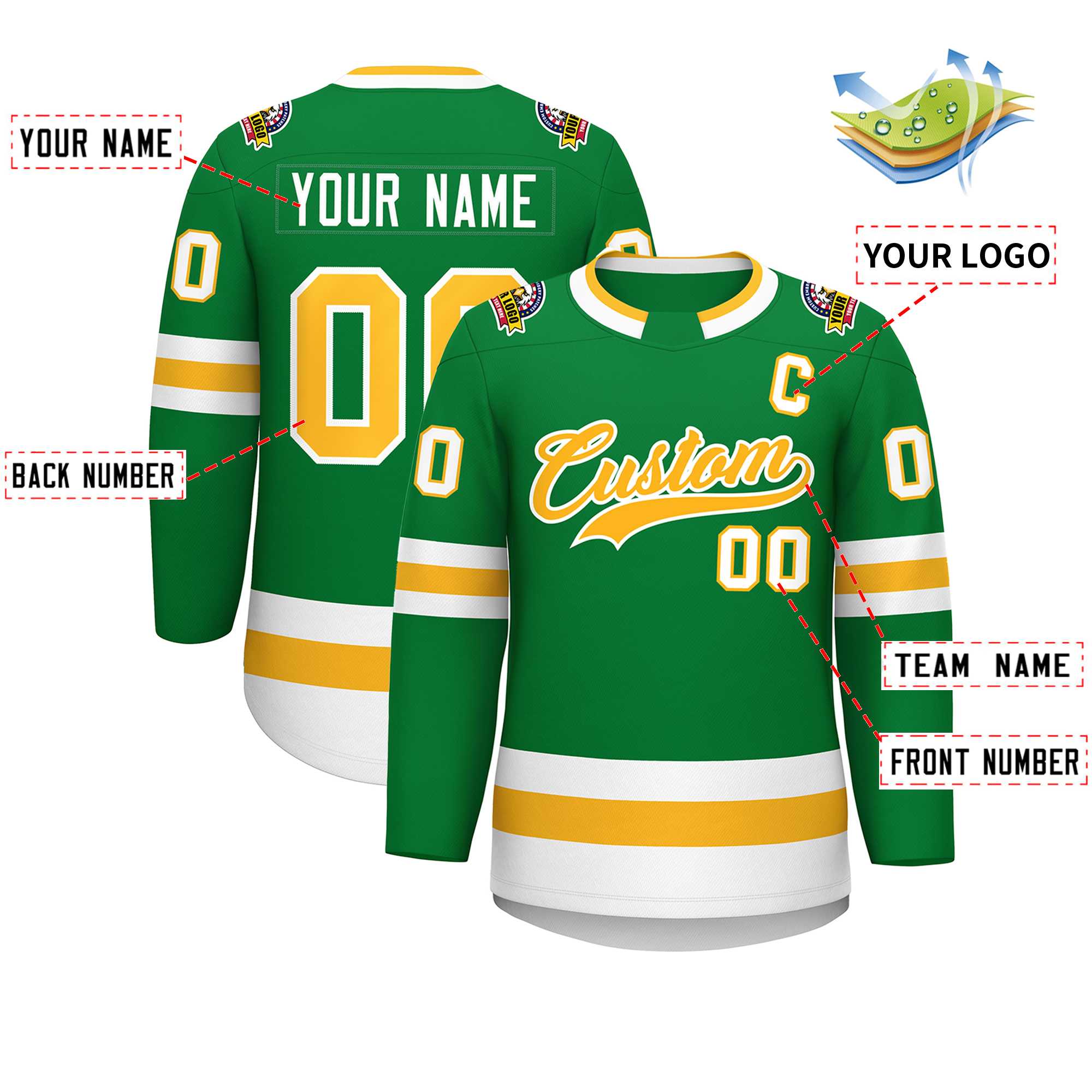 Custom Kelly Green Gold-White Classic Style Hockey Jersey