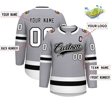 Custom Gray Black White-Black Classic Style Hockey Jersey