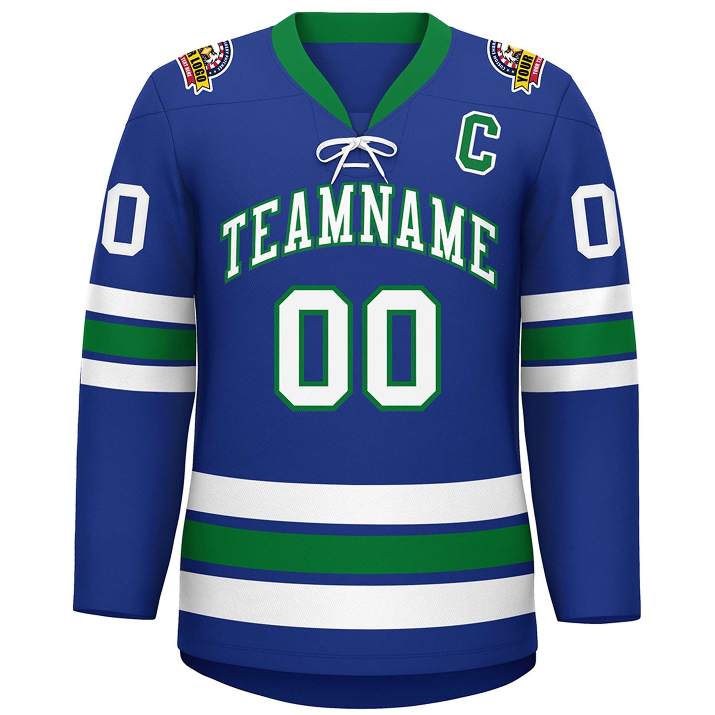 Custom Royal White-Kelly Green Lace-Up Neck Hockey Jersey