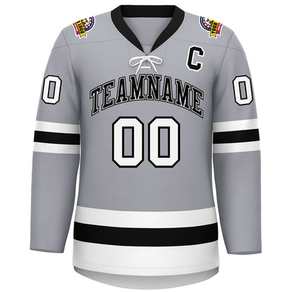 Custom Gray Black-White Lace-Up Neck Hockey Jersey