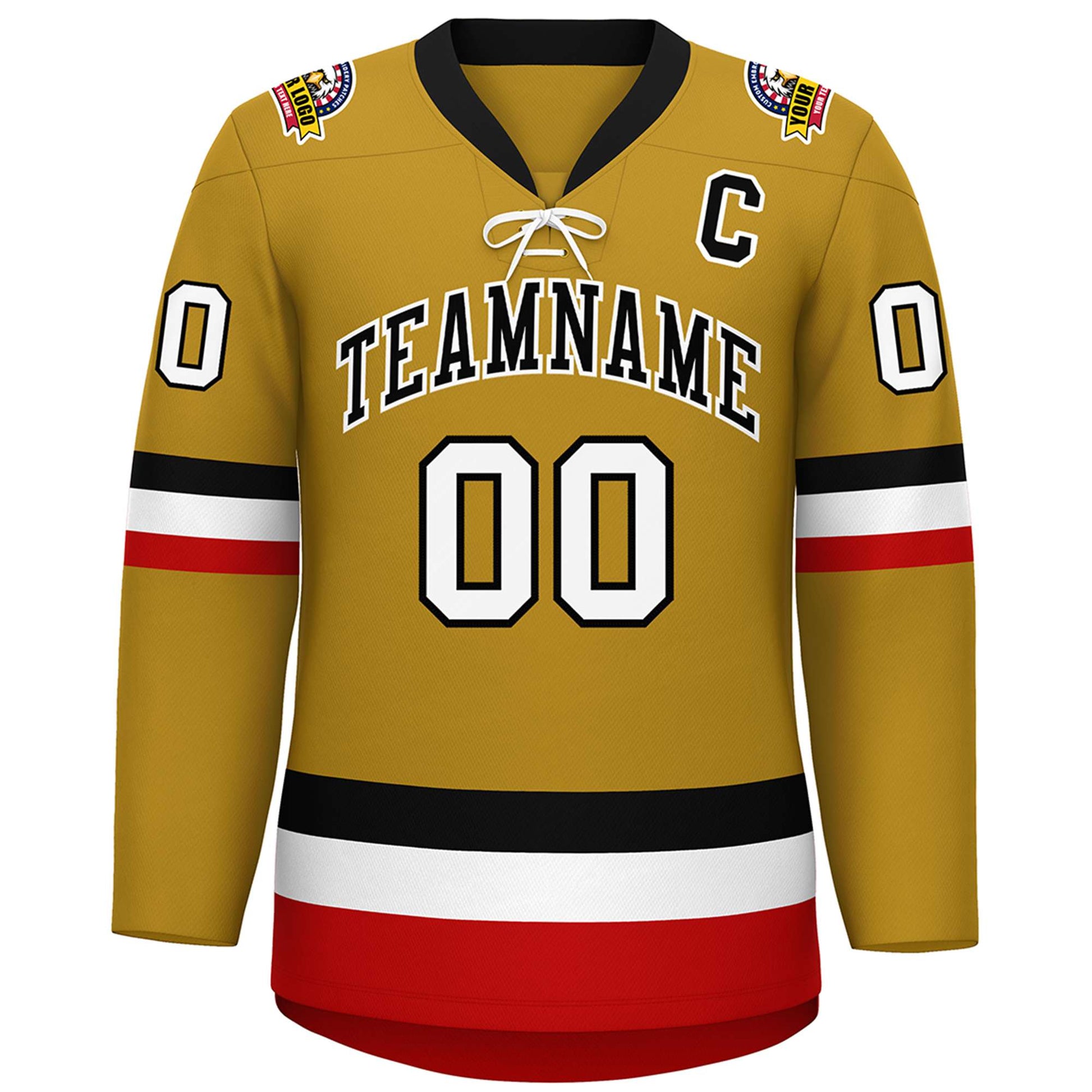 Custom Old Gold Black-White Lace-Up Neck Hockey Jersey