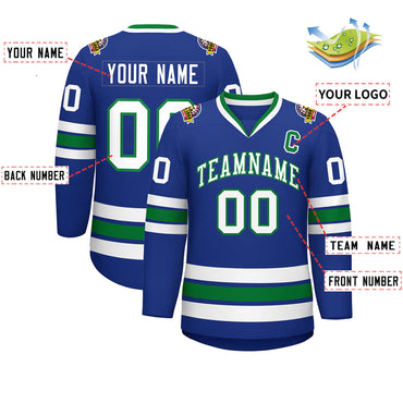 Custom Royal White-Kelly Green Classic Style Hockey Jersey