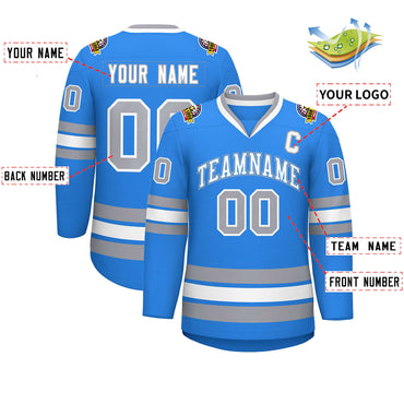 Custom Powder Blue White Powder Blue-Gray Classic Style Hockey Jersey