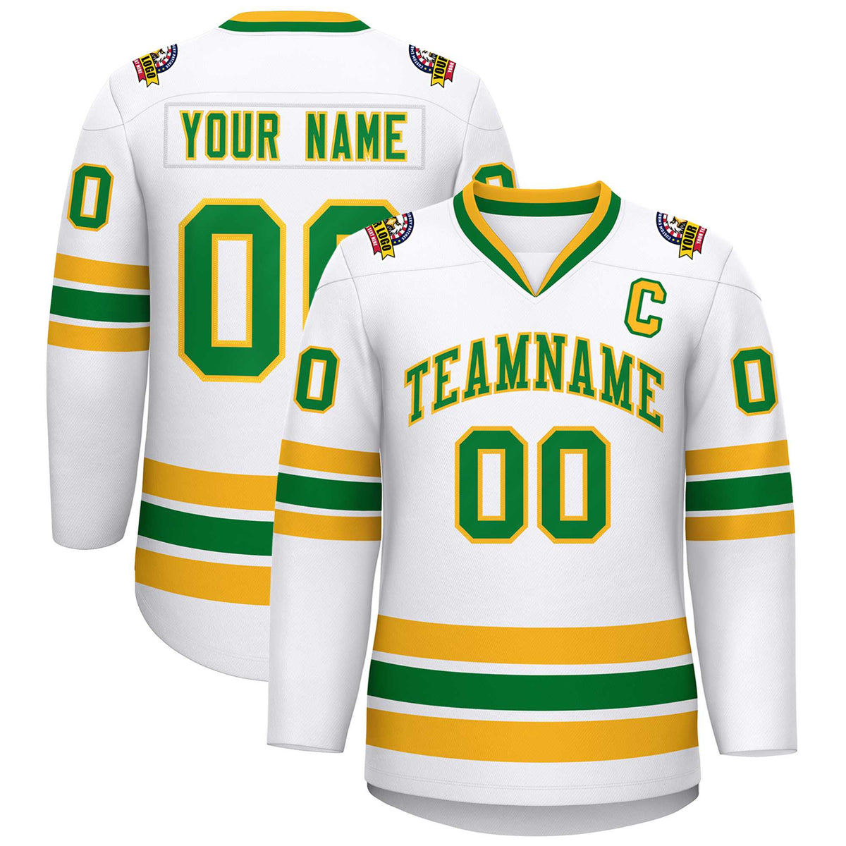Custom White Kelly Green-Gold Classic Style Hockey Jersey