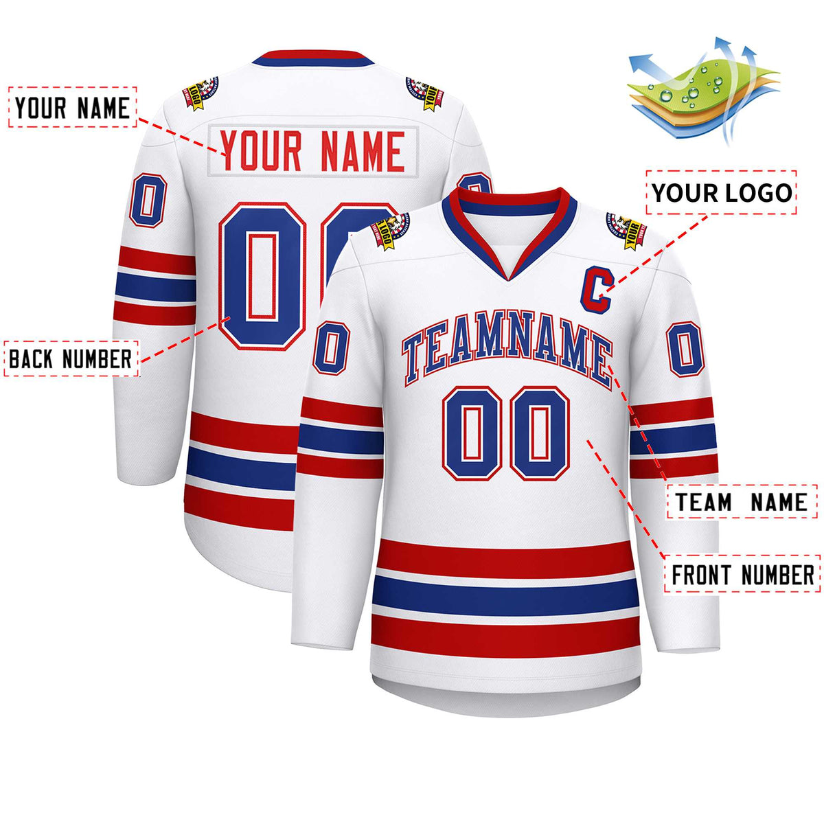 Custom White Royal White-Red Classic Style Hockey Jersey