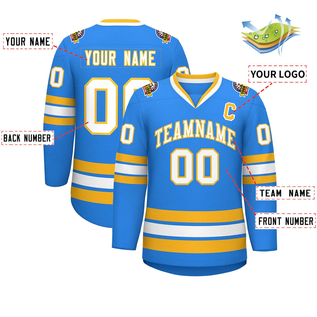 Custom Powder Blue White-Gold Classic Style Hockey Jersey