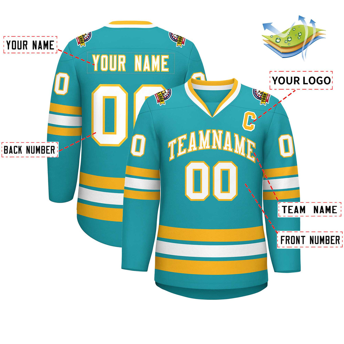 Custom Aqua White-Gold Classic Style Hockey Jersey
