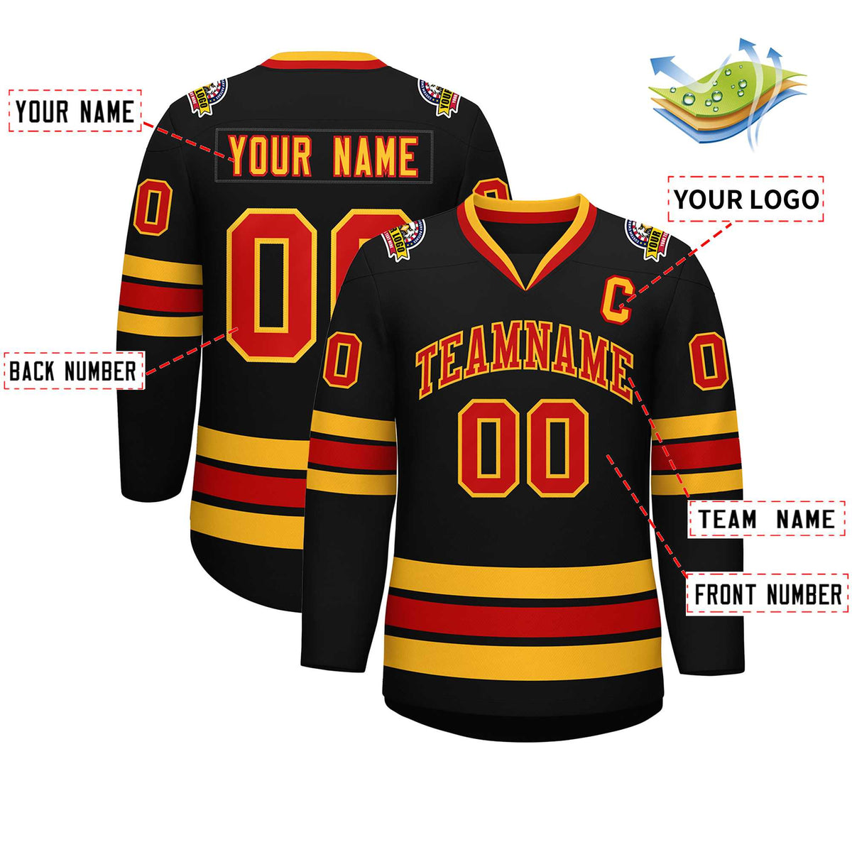 Custom Black Red-Gold Classic Style Hockey Jersey