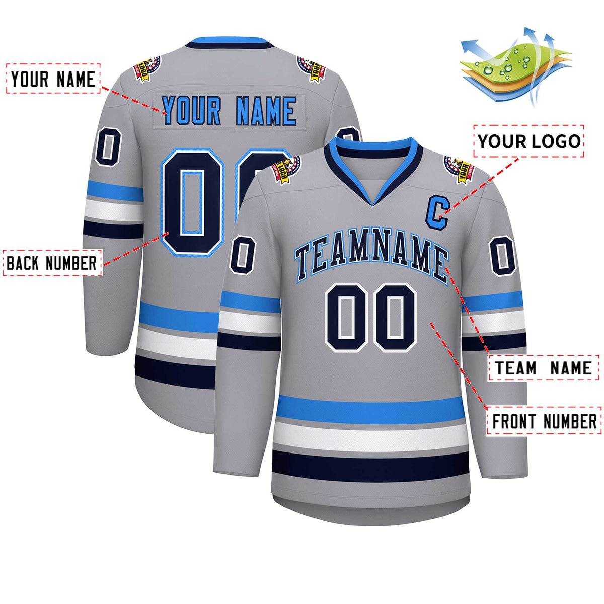 Custom Gray Navy White-Powder Blue Classic Style Hockey Jersey