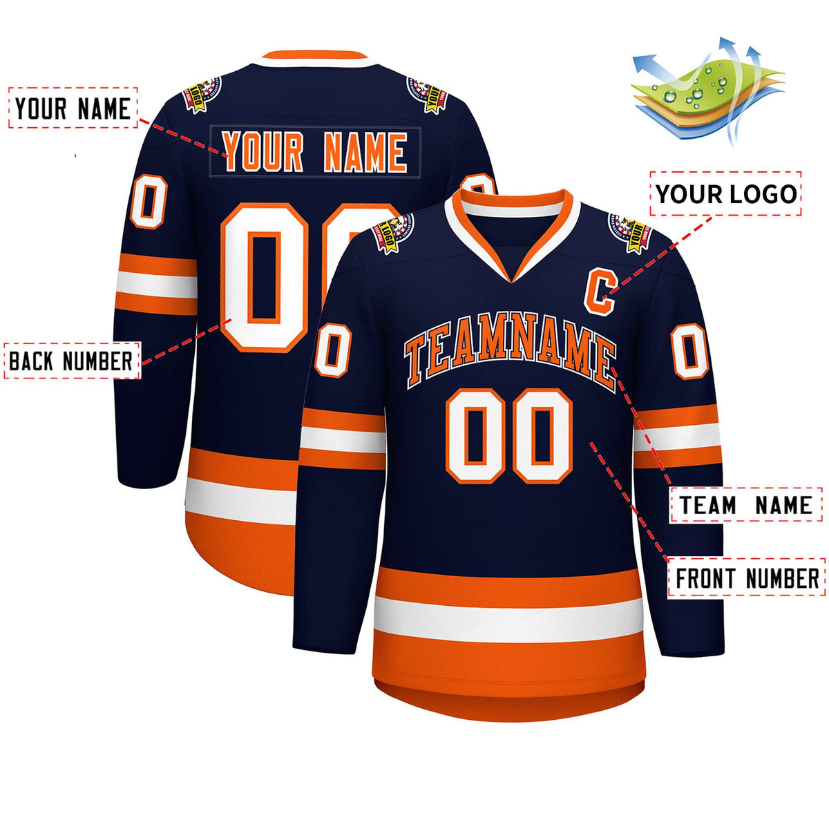 Custom Navy Orange Navy-White Classic Style Hockey Jersey
