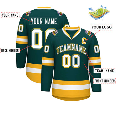 Custom Midnight Green White Olive-Gold Classic Style Hockey Jersey